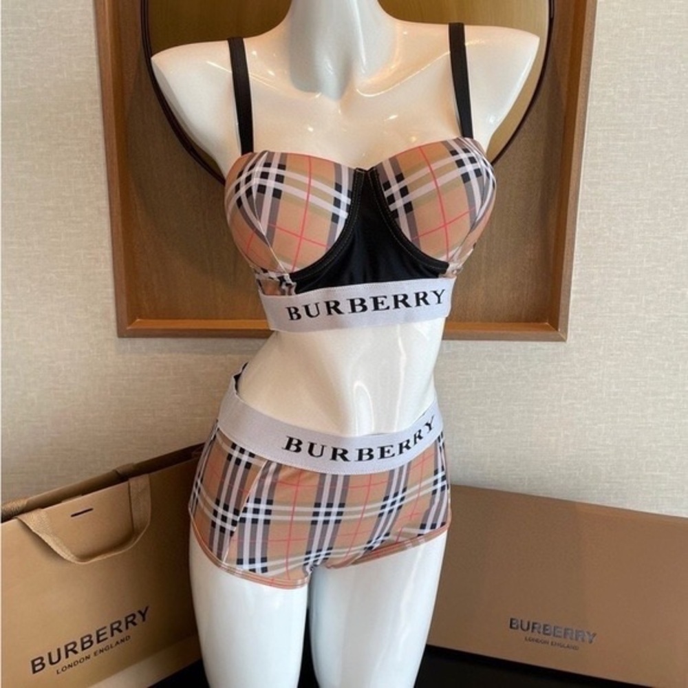 Burberry Women's Plaid Bikini Set - Black, Tan, and White